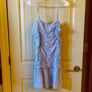 Cute pin striped denim/white adjustable spaghetti strapped mini dress